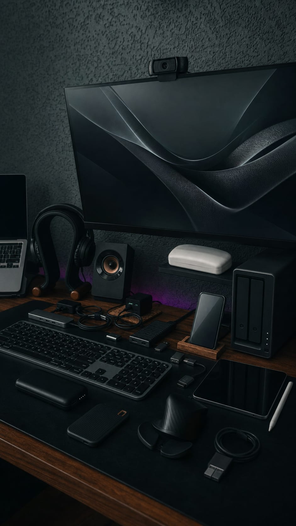 Technik-Arbeitsplatz mit Monitor, NAS, Tablet, Smartphone, Powerbanks und Adaptern
